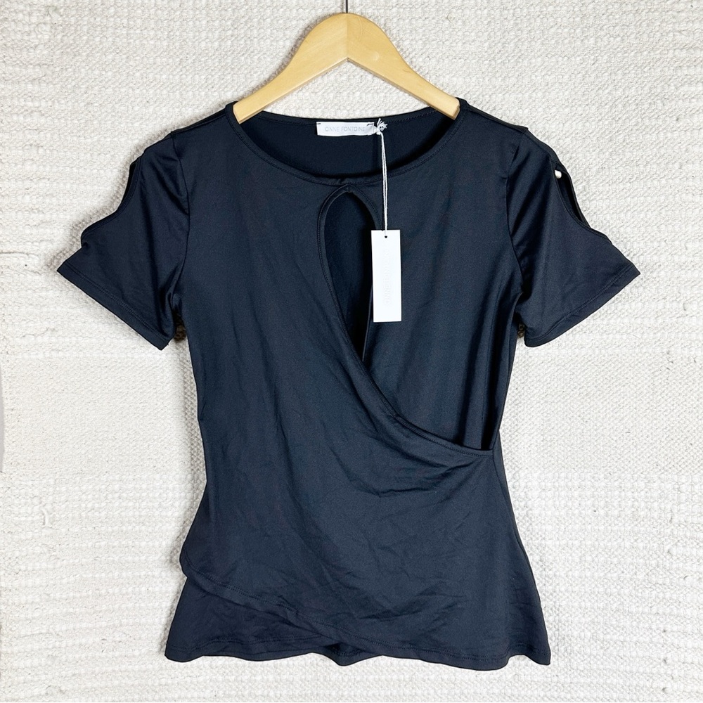 ANNE FONTAINE black cutout short sleeve faux wrap Priya top 38 NEW